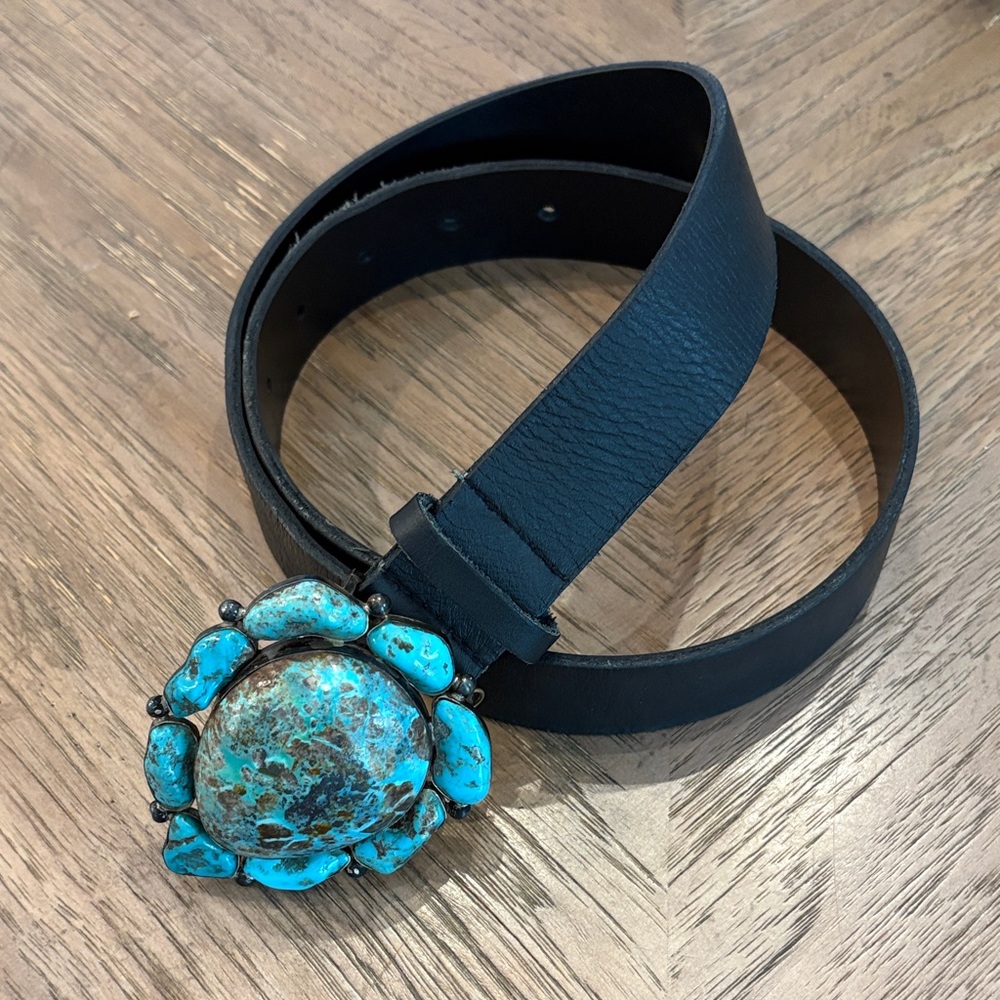 Elegant Black Leather Belt with Turquoise Stone Accent